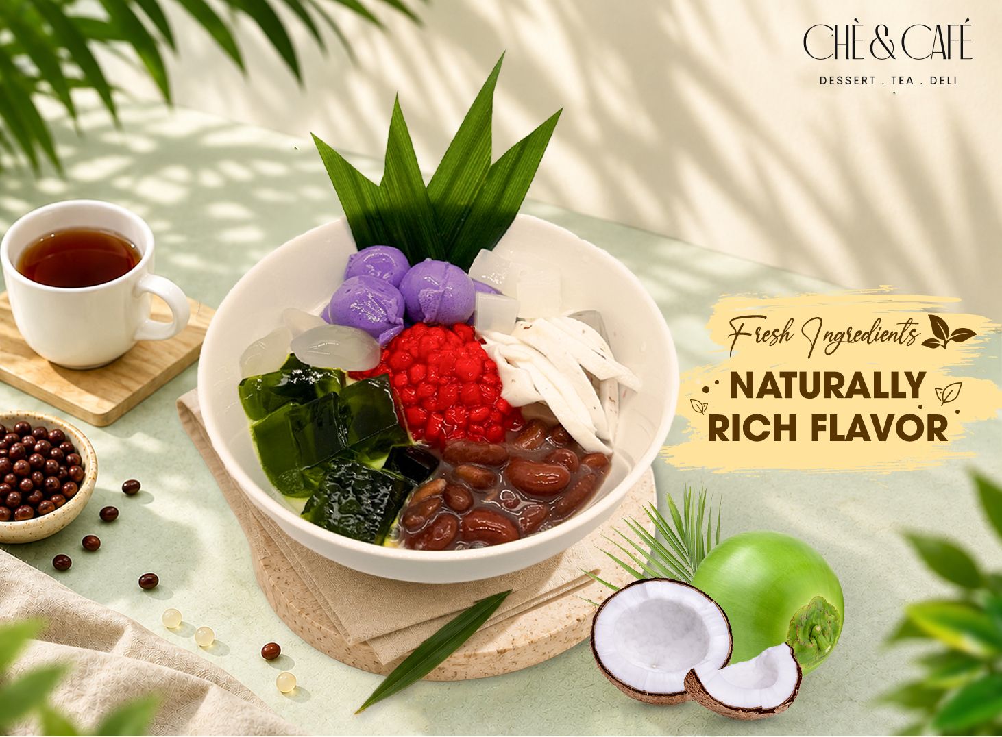 A Chè & Café graphic featuring a bowl of chè with taro, jelly, and red beans, served alongside hot tea and fresh coconut