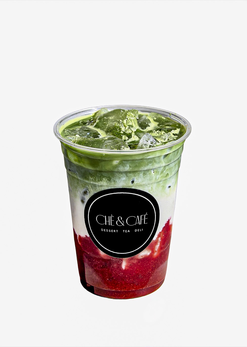 Strawberry Matcha Latte — matcha layered with fresh strawberry
